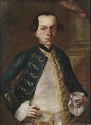 Half-Length Portrait of a Gentleman in Blue Justaucorps and White Waistcoat, Holding a Box